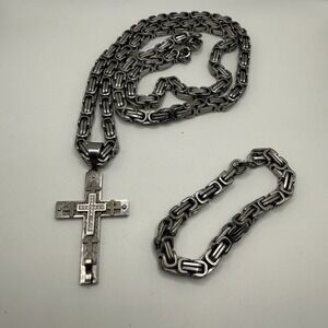 Heavy Stainless Steel Byzantine Chain Necklace Bracelet Set Cross Pendant